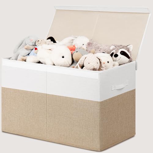 INDRESSME 25x13x16 Toy Box Toy Storage Organizer with Lid Collapsible Sturdy Toy Chest Foldable Toy Bin for Living Room Playroom Bedroom Toy Baskets Storage Kids Boys Girls Beige  White