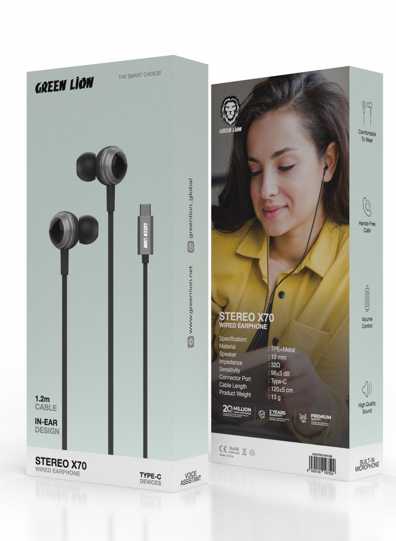 GREEN LION Stereo X70 Wired Earphone 1.2m Type C / Comfortable to Wear / Hands-Free Calls/ Volume Control / Voice Assistant / In-Ear Design / High-Quality Sound / Built-in Microphone /Music/Workout/Calls - Black - Image 2