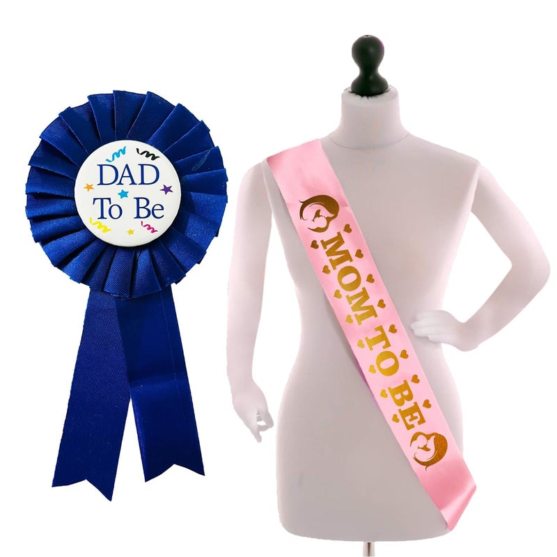 Zyozique ® Baby Shower Combo | Dad To Be Badge & Mom To Be Sash For Mom To be Gifts | Mom To Be Sash Set - Baby Shower Gifts (Pack Of 2) - Image 1