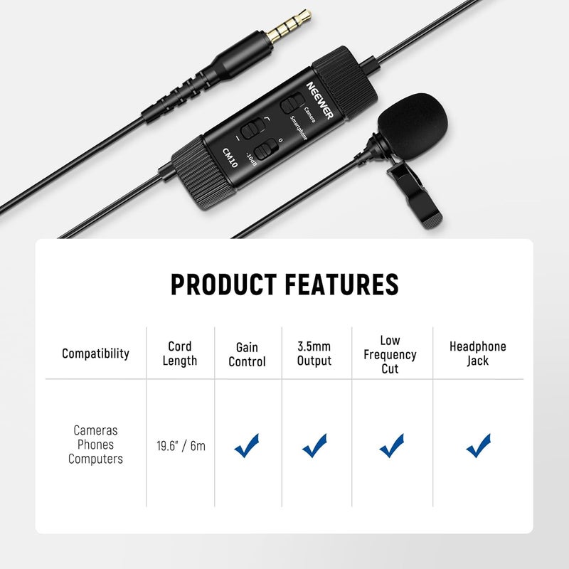 Neewer 3.5mm TRRS Lavalier Lapel Microphone Plug & Play Mini Clip on Mic Omnidirectional Condenser for Camera Phone PC, Low Frequency Cut, Gain Control, Monitoring Headphone Jack, CM10 - Image 3