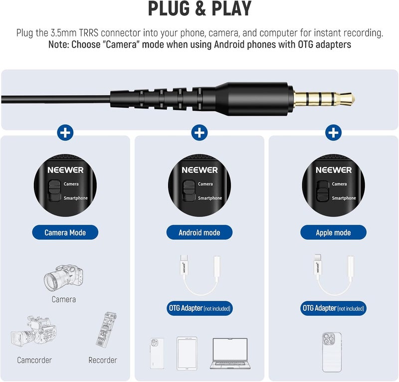 Neewer 3.5mm TRRS Lavalier Lapel Microphone Plug & Play Mini Clip on Mic Omnidirectional Condenser for Camera Phone PC, Low Frequency Cut, Gain Control, Monitoring Headphone Jack, CM10 - Image 5