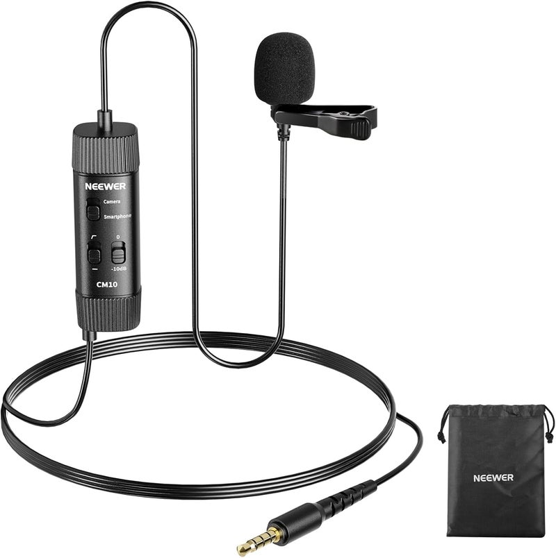 Neewer 3.5mm TRRS Lavalier Lapel Microphone Plug & Play Mini Clip on Mic Omnidirectional Condenser for Camera Phone PC, Low Frequency Cut, Gain Control, Monitoring Headphone Jack, CM10 - Image 1
