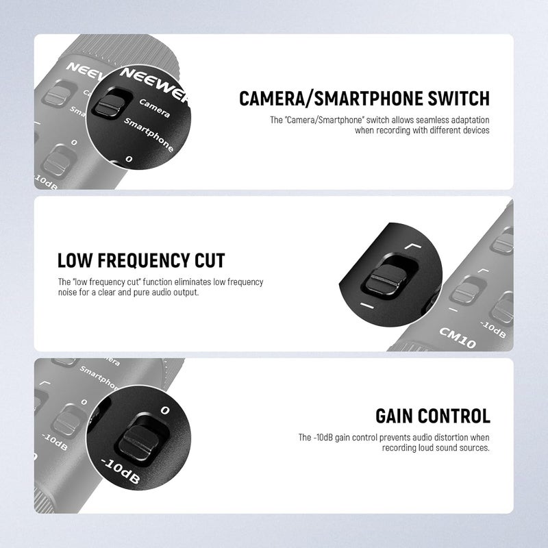 Neewer 3.5mm TRRS Lavalier Lapel Microphone Plug & Play Mini Clip on Mic Omnidirectional Condenser for Camera Phone PC, Low Frequency Cut, Gain Control, Monitoring Headphone Jack, CM10 - Image 4