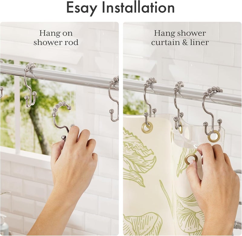Amazer Shower Curtain Hooks, Plastic Double Shower Curtain Rings, Shower Hooks for Bathroom Shower Curtain Rod - Set of 12, Nickel - Image 5