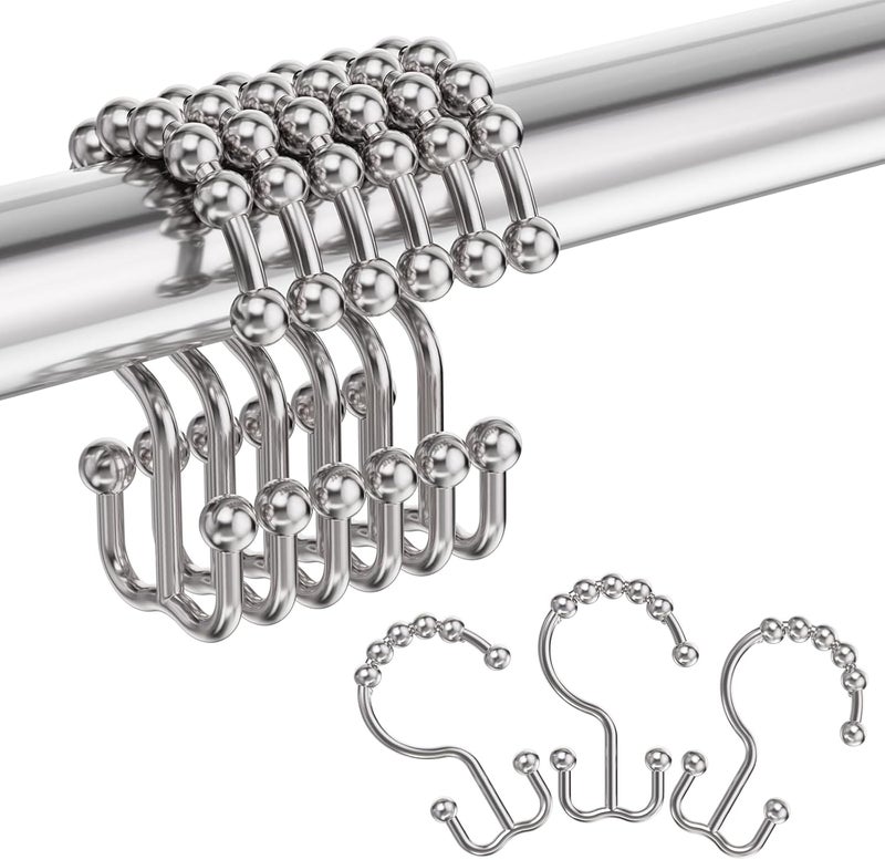Amazer Shower Curtain Hooks, Plastic Double Shower Curtain Rings, Shower Hooks for Bathroom Shower Curtain Rod - Set of 12, Nickel - Image 1
