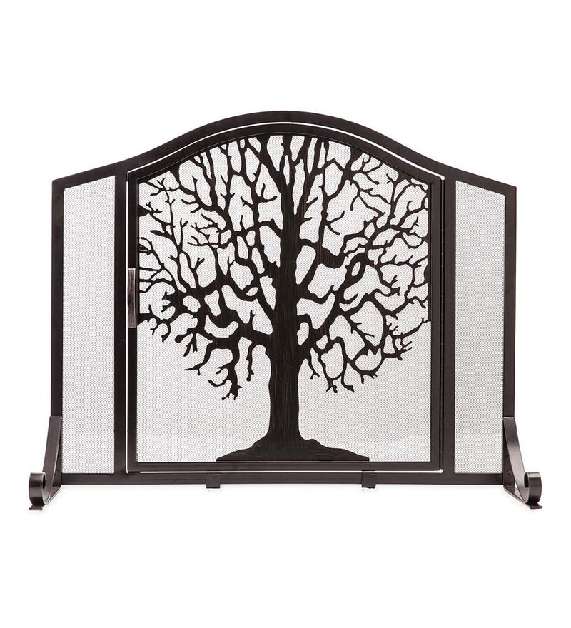 Plow & Hearth Plow  Hearth Metal Fireplace Screen Tree of Life Black  44 W x 33 H  Flatguard  Spark Guard Grate  Iron Fire Place Cover  Wood Stove Accessories 