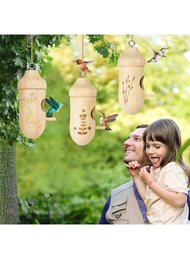 CMGTYYD Hummingbird House for Outside Hanging, Wooden Hummingbird Gifts Nest 3 Pack with Hemp Ropes, Gardening Gifts Humming Bird Houses Home Decoration - Image 2