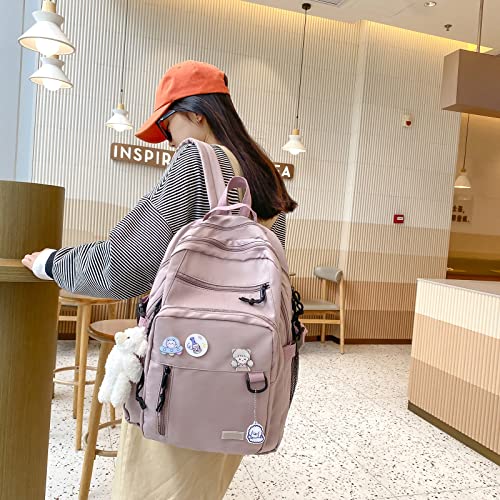 GAXOS Cute Aesthetic Backpack for School Middle Student Travel Pink Backpack Teens Girls Bear Pin Book Bags - Image 5