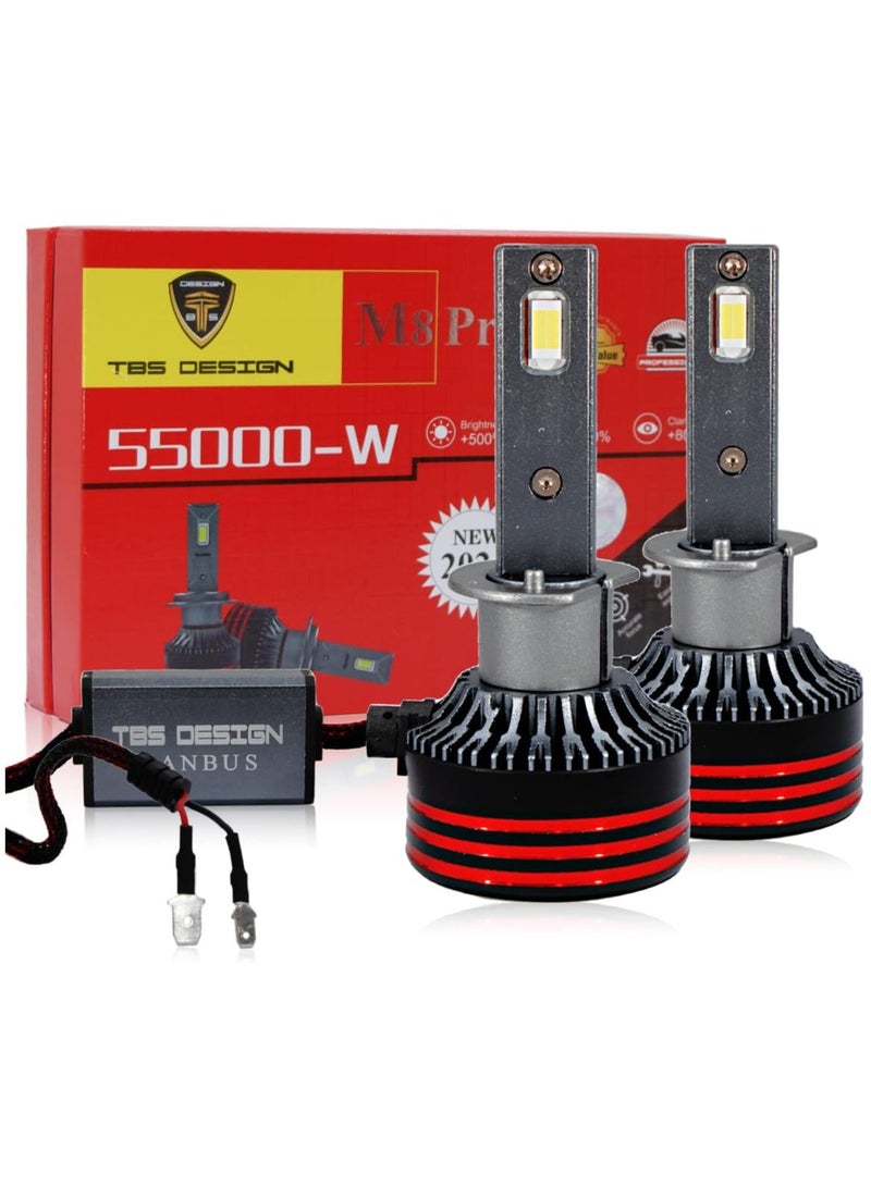 تي بي إٍس ديزاين لمبات المصابيح الأمامية LED M8 PRO H1 من TBS DESIGN، 110 وات 11000 لومن، أكثر سطوعًا بنسبة 500%، مجموعة تحويل LED بيضاء 6000 كلفن مع تقنية تبريد VC من الجيل الثاني، جاهزة للكانبوس، بديل هالوجين، عبوة من قطعتين - Image 1