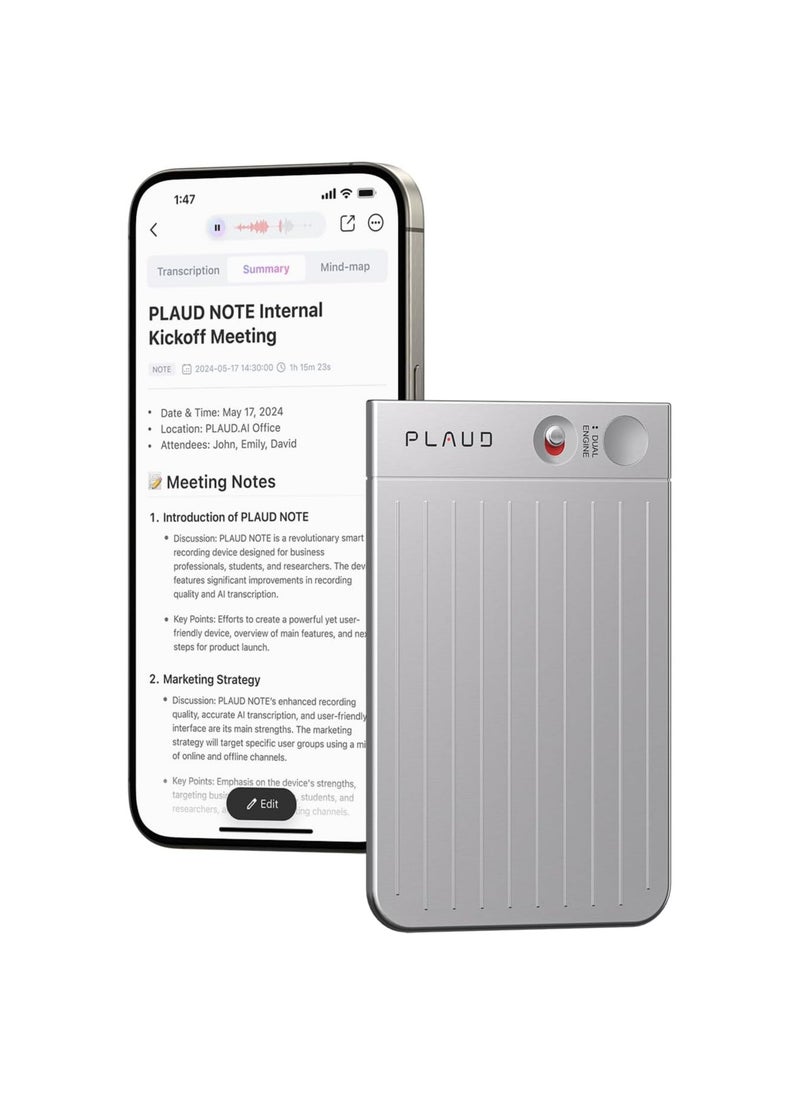 PLAUD PLAUD NOTE AI Voice Recorder with Magnetic Case ( Silver )– 64GB Smart Digital Recorder with AI Transcription, Dual-Mode Recording, Cloud Storage & 30-Hour Battery Life  - Image 1