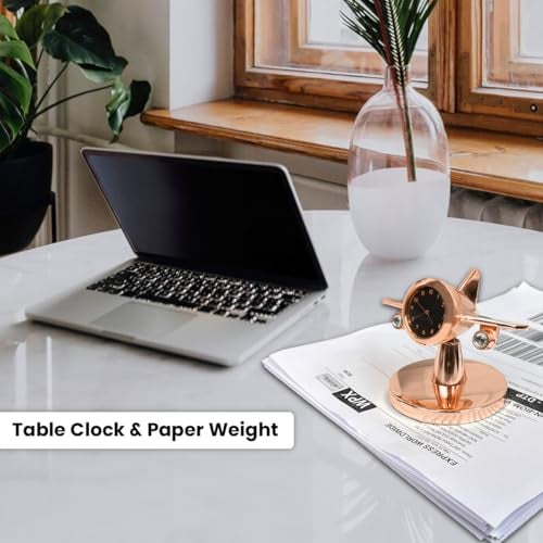 Giftana Aeroplane Rotating Table Clock for Students, Airplane Miniature Desk Clock Paper Weight for Doctors Table Vintage Decor for Home Office New Year Corporate Gift for Employees,Client (Rose Gold) - Image 5