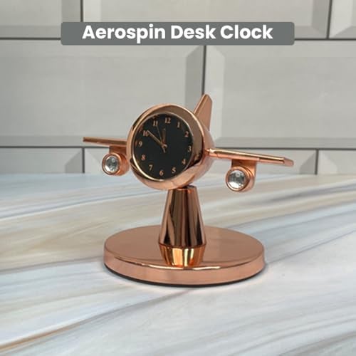Giftana Aeroplane Rotating Table Clock for Students, Airplane Miniature Desk Clock Paper Weight for Doctors Table Vintage Decor for Home Office New Year Corporate Gift for Employees,Client (Rose Gold) - Image 3