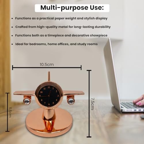 Giftana Aeroplane Rotating Table Clock for Students, Airplane Miniature Desk Clock Paper Weight for Doctors Table Vintage Decor for Home Office New Year Corporate Gift for Employees,Client (Rose Gold) - Image 4