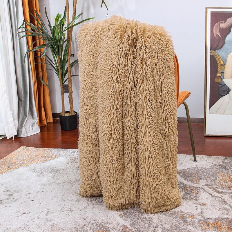 Tuddrom Decorative Extra Soft Faux Fur Blanket Twin Size,Solid Reversible Fuzzy Lightweight Long Hair Shaggy Blanket,Fluffy Plush Fleece Comfy Microfiber Throw Blanket for Couch Sofa Bed,Camel - Image 4