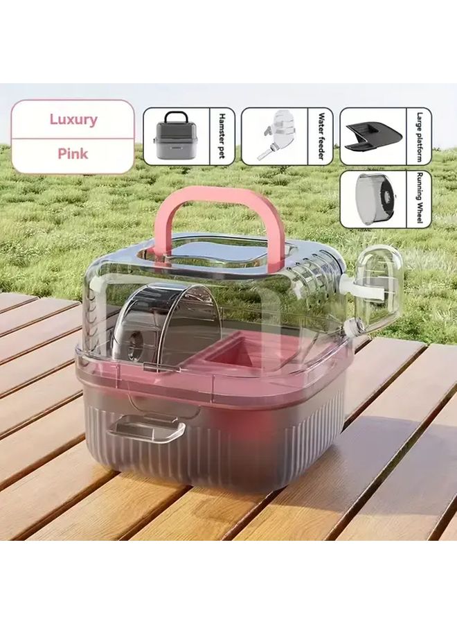 Portable Hamster Cage With Wheel Transparent Pink Habitat Kit Water Bottle Feeder - Image 1