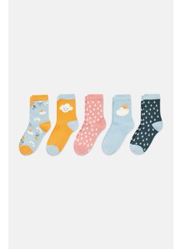 Tchibo Kids Girl 5 Pair Allover Print Socks, Blue Combo  - Image 2