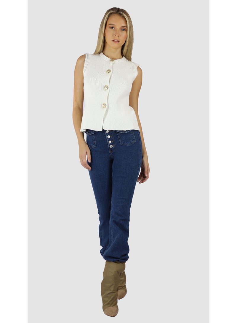 KYVELi Women’s Sleeveless Textured Knit Top with Decorative Buttons – Off White - Image 1