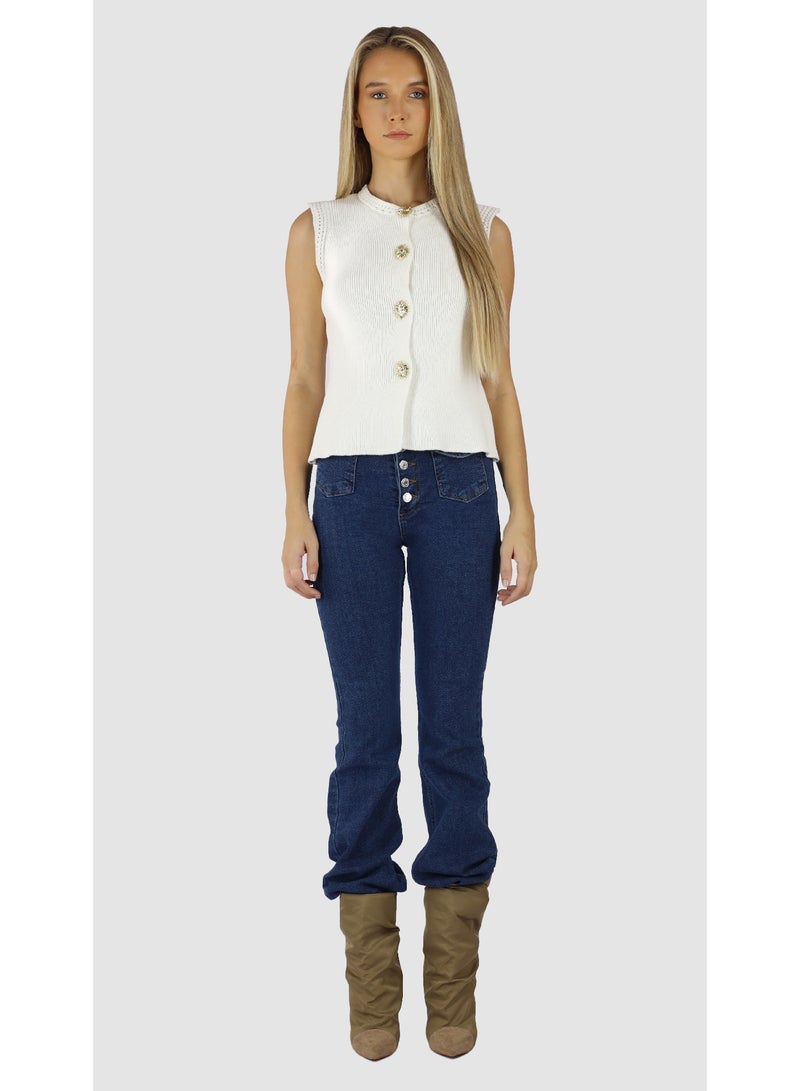 KYVELi Women’s Sleeveless Textured Knit Top with Decorative Buttons – Off White - Image 2