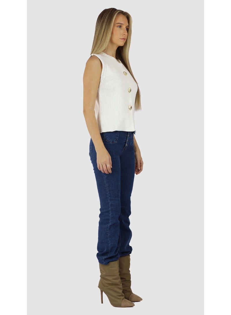 KYVELi Women’s Sleeveless Textured Knit Top with Decorative Buttons – Off White - Image 3