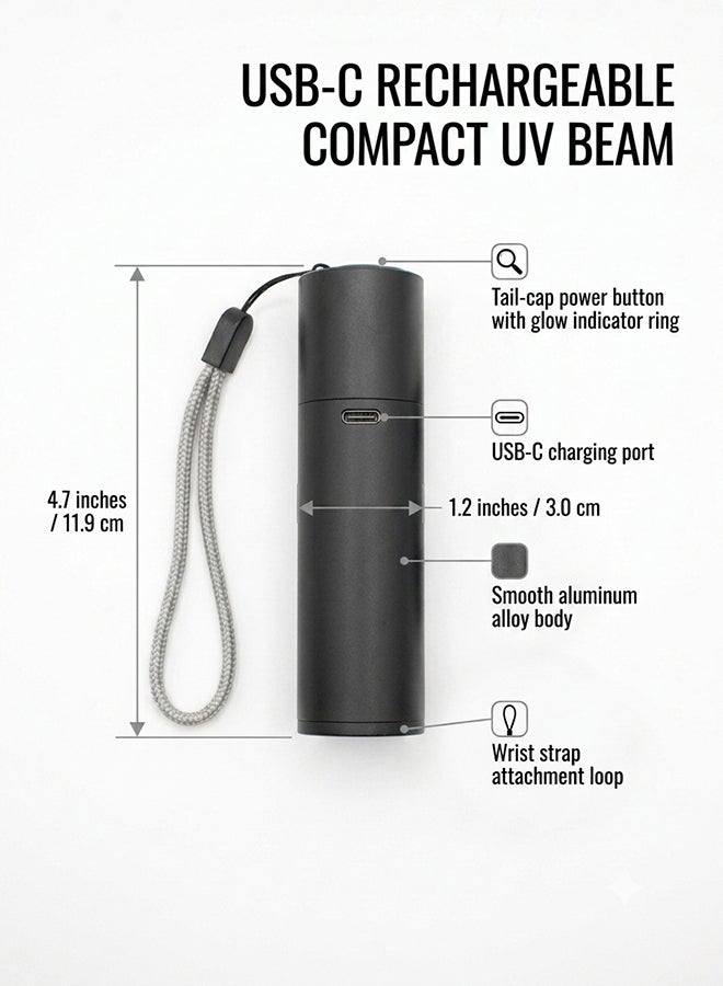 Home Care Mini UV Flashlight, Compact Ultraviolet Pocket Torch, USB-C Rechargeable, Aluminum Alloy Body, Tail Switch with Glow Indicator, Wrist Strap Included – Ideal for Pet Stain, Scorpion & Leak Detection - Image 4