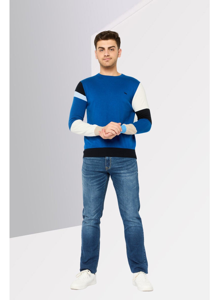 Harmont & Blaine Men Ribbed Neck Embroidered Sweater, Blue Combo  - Image 2