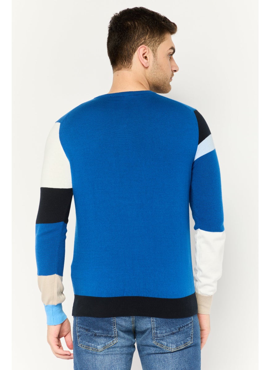 Harmont & Blaine Men Ribbed Neck Embroidered Sweater, Blue Combo  - Image 4