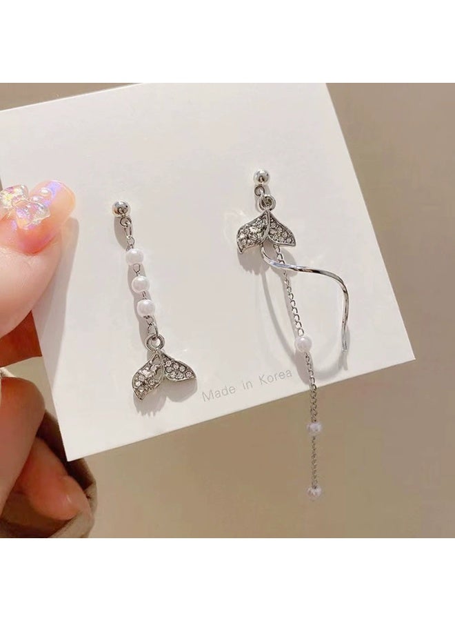 Goolsky أقراط لؤلؤة ملتوية غير متساوية على شكل ذيل حورية البحر مع خيوط طويلة من الزركون - ذيل حورية البحر غير متساوي و لؤلؤ، خيوط طويلة، حفلات/فعاليات رسمية/زفاف، بيان متلألئ - Image 5