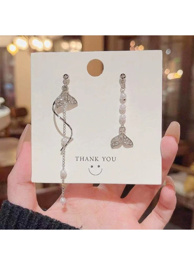 Goolsky أقراط لؤلؤة ملتوية غير متساوية على شكل ذيل حورية البحر مع خيوط طويلة من الزركون - ذيل حورية البحر غير متساوي و لؤلؤ، خيوط طويلة، حفلات/فعاليات رسمية/زفاف، بيان متلألئ - Image 4