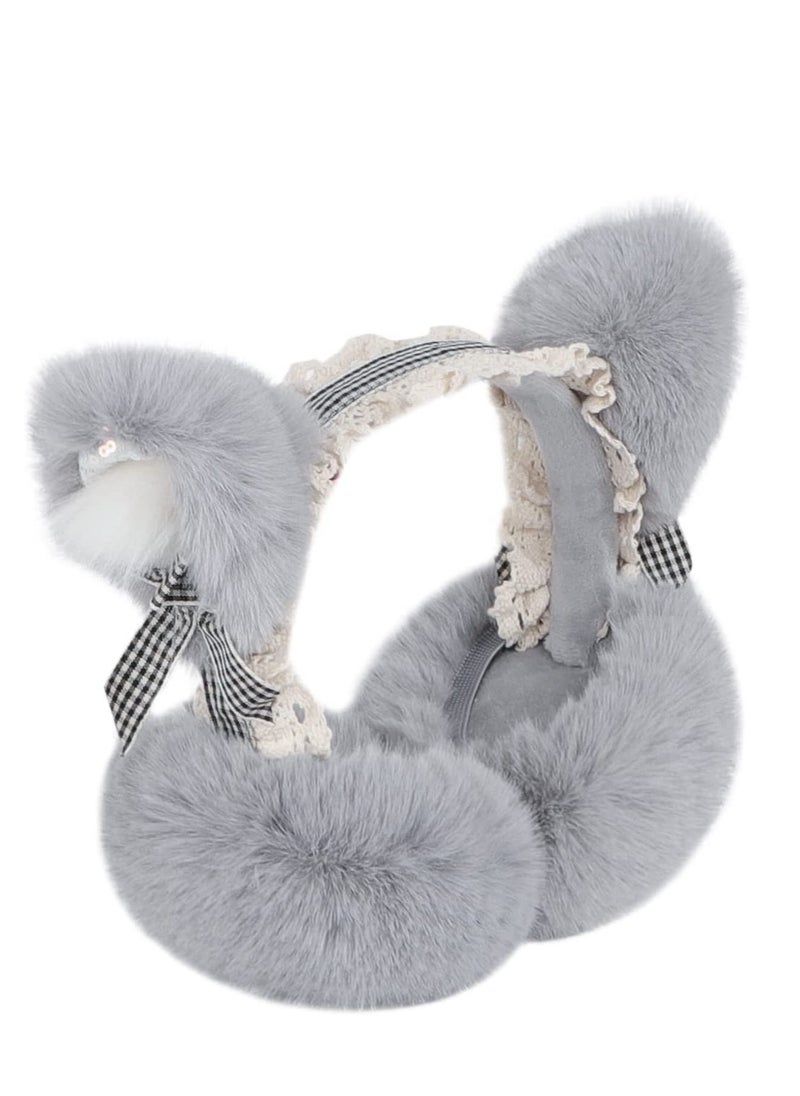 SYOSI Cozy Faux Fur Earmuffs, Winter Thermal Fleece Ear, Ladies Novelty Lace Cosplay Costume Cat Ear Foldable Headband Outdoor Ski Windproof Ear Wrap Protector(Grey) - Image 3