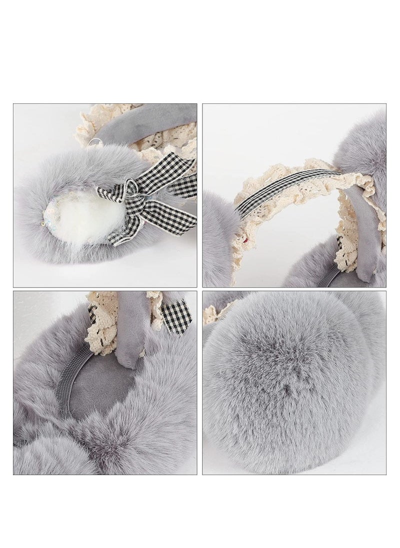 SYOSI Cozy Faux Fur Earmuffs, Winter Thermal Fleece Ear, Ladies Novelty Lace Cosplay Costume Cat Ear Foldable Headband Outdoor Ski Windproof Ear Wrap Protector(Grey) - Image 5
