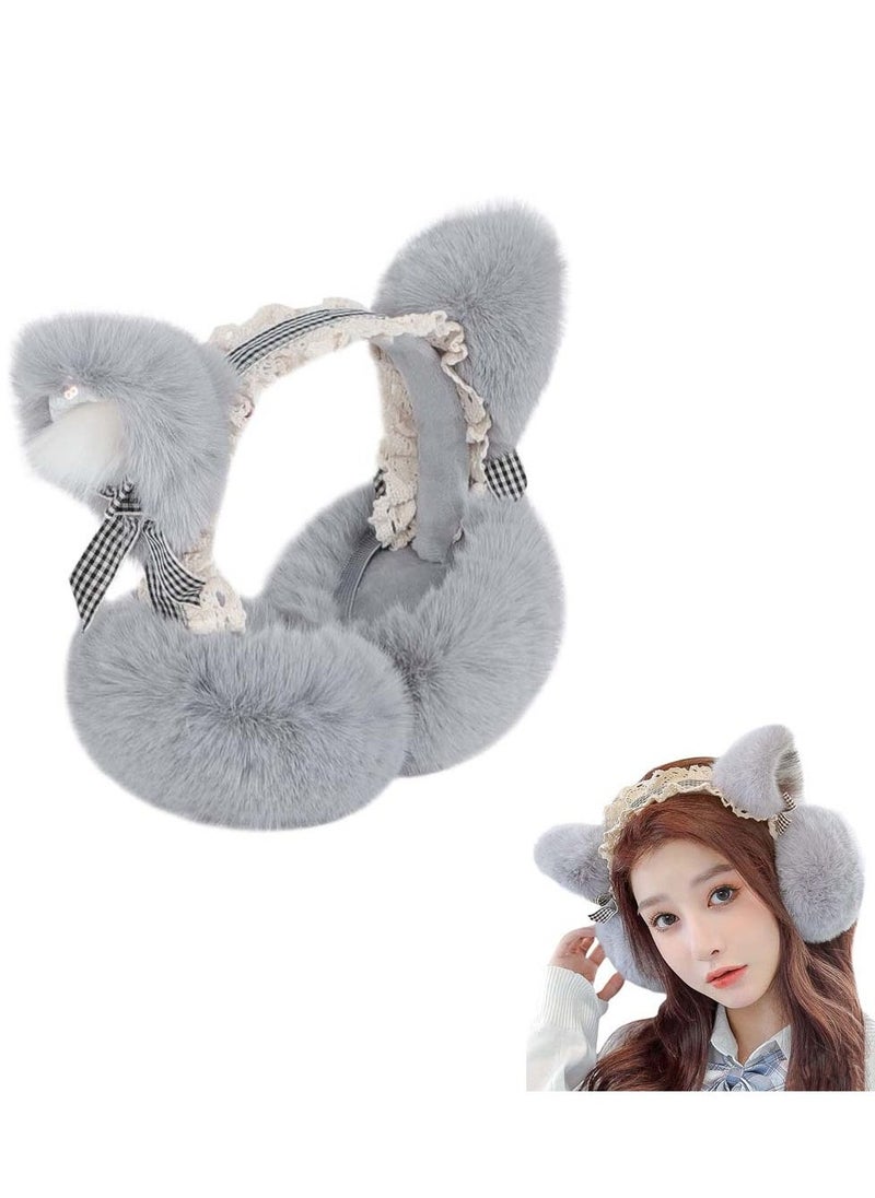 SYOSI Cozy Faux Fur Earmuffs, Winter Thermal Fleece Ear, Ladies Novelty Lace Cosplay Costume Cat Ear Foldable Headband Outdoor Ski Windproof Ear Wrap Protector(Grey) - Image 1