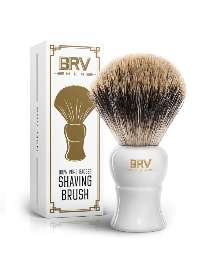 BRV MEN فرشاة حلاقة من شعر الخنزير البري (عقدة 19 مم) - مقبض من الراتنج الثقيل - تستخدم مع ماكينة الحلاقة ذات الشفرتين، ماكينة الحلاقة المستقيمة ووعاء الحلاقة (أبيض) - Image 1
