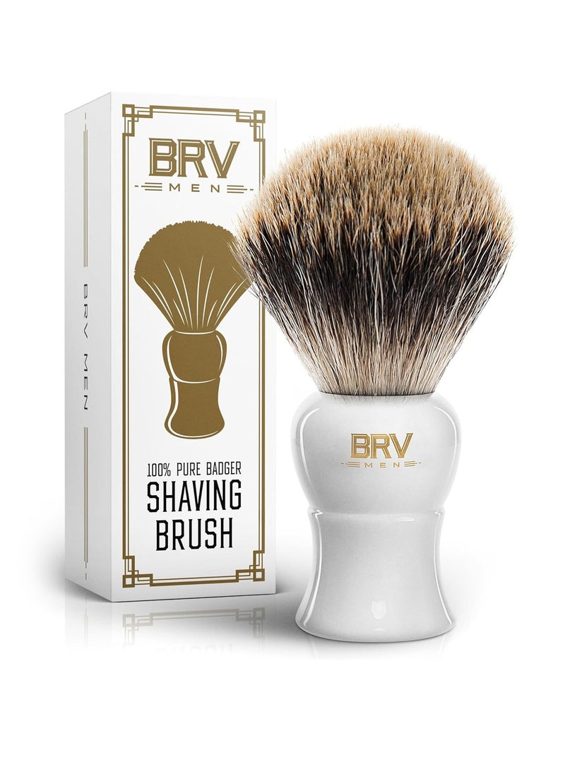 BRV MEN Pure Badger Shaving Brush (19mm knots) - Heavy Resin Handle - Use with Double-Edge Safety Razor, Straight Razor and Shaving Bowl (White)  - Image 1