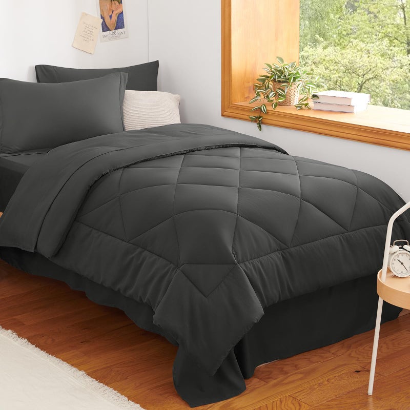 CozyLux Twin XL Comforter Set Dark Grey 5 Pieces Twin Extra Long Bed in a Bag for College Dorm All Season Bedding Set for Girls and Boys Soft Bed Set with Comforter Sheets Pillowcase Sham