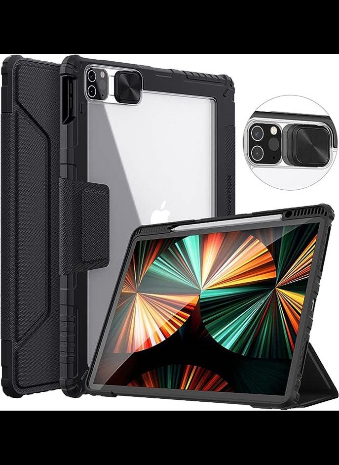 Case for iPad Pro 12.9 2021/2020, [Slide Camera Cover, Built-in Pencil Holder] PU Leather Protective Stand Cover with Auto Sleep - Black 