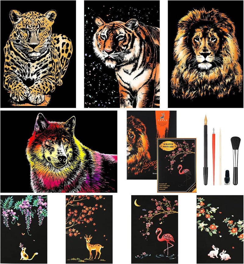 SOLARAE 8pcs Scratch Art Paper Animals Rainbow Painting Sketch Art Craft Scratch Scratchboard for Adult and Kids with 5 Tools (A4/A5 Size) - Image 1