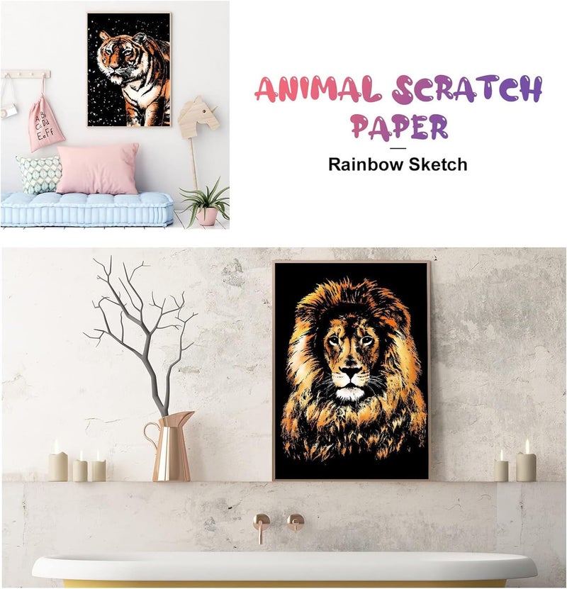 SOLARAE 8pcs Scratch Art Paper Animals Rainbow Painting Sketch Art Craft Scratch Scratchboard for Adult and Kids with 5 Tools (A4/A5 Size) - Image 5