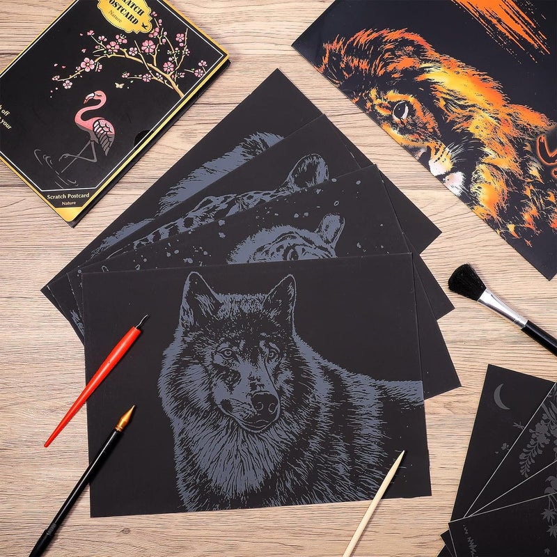 SOLARAE 8pcs Scratch Art Paper Animals Rainbow Painting Sketch Art Craft Scratch Scratchboard for Adult and Kids with 5 Tools (A4/A5 Size) - Image 3