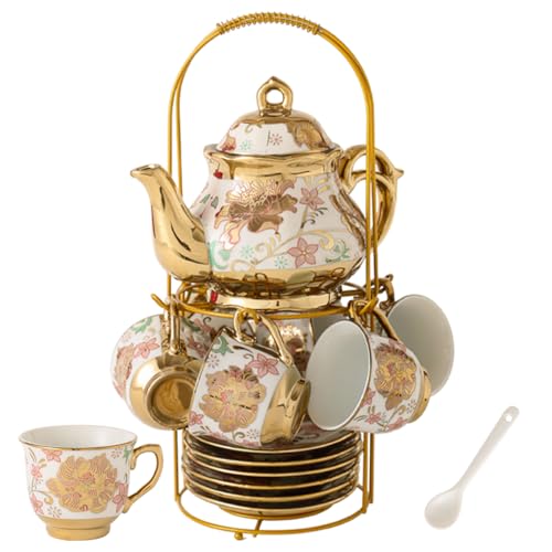 CHANJOON Gold Plated Red Rose Ceramic Tea Set, Vintage Tea Sets with Teapot, Beautiful Tea Set Coffee Serving 6 People (pink, Medium) - Image 1
