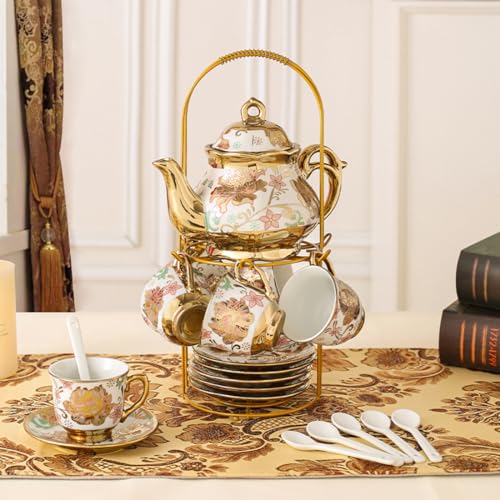 CHANJOON Gold Plated Red Rose Ceramic Tea Set, Vintage Tea Sets with Teapot, Beautiful Tea Set Coffee Serving 6 People (pink, Medium) - Image 5
