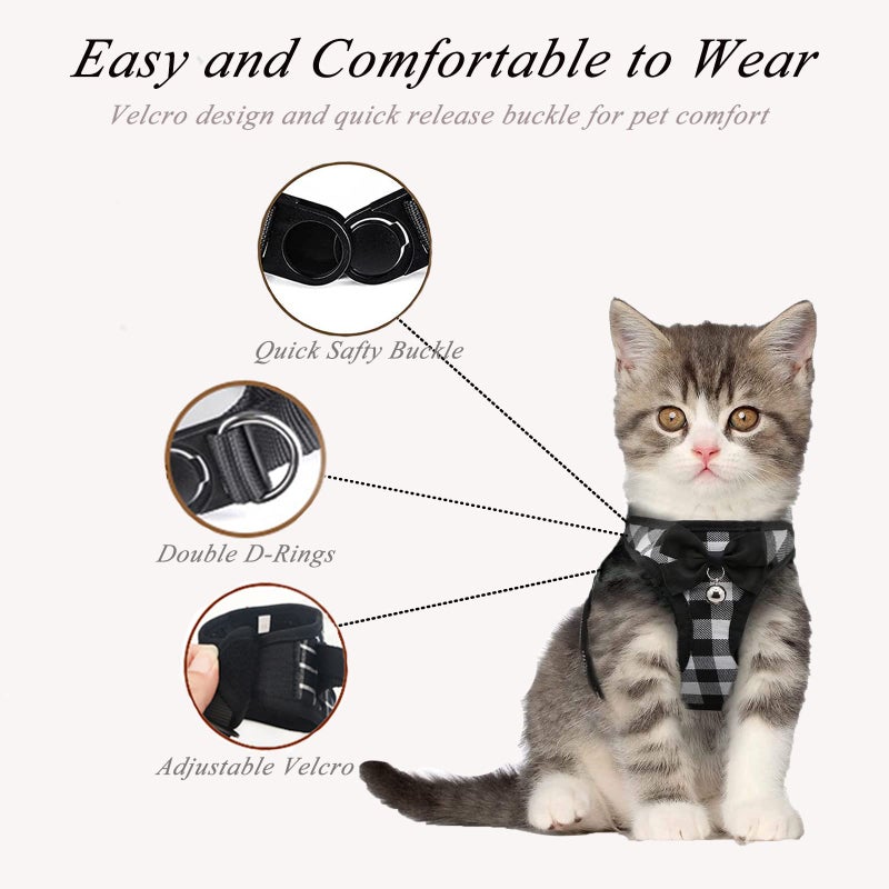 WONNABUY Cat Leashes and Harnesses for Walking,Breathable Soft Kittens Vest for Cats Dogs, Kitten Harness Escape Proof with Bell and Bow-Knot Decoration Christmas(XXS, Black-White) - Image 3