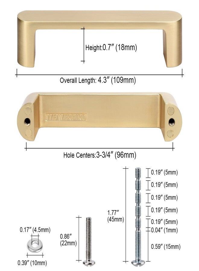 WEAVERBIRD 4 Pack Brushed Brass Cabinet Handles Drawer Pulls Furniture Cabinet Hardware Cupboard Closet Gold Handles Pulls, 3-3/4 inch (96mm) Hole Distance - Image 2