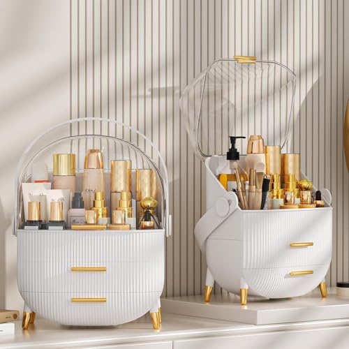 VDNSI Makeup Organizer Storage Box for Countertop Cosmetics Beauty Shelf Organizer Skincare Organizer with Clear Lid Display for Easy Visibility and Drawers for Vanity, Dresser (Dark White) - Image 2