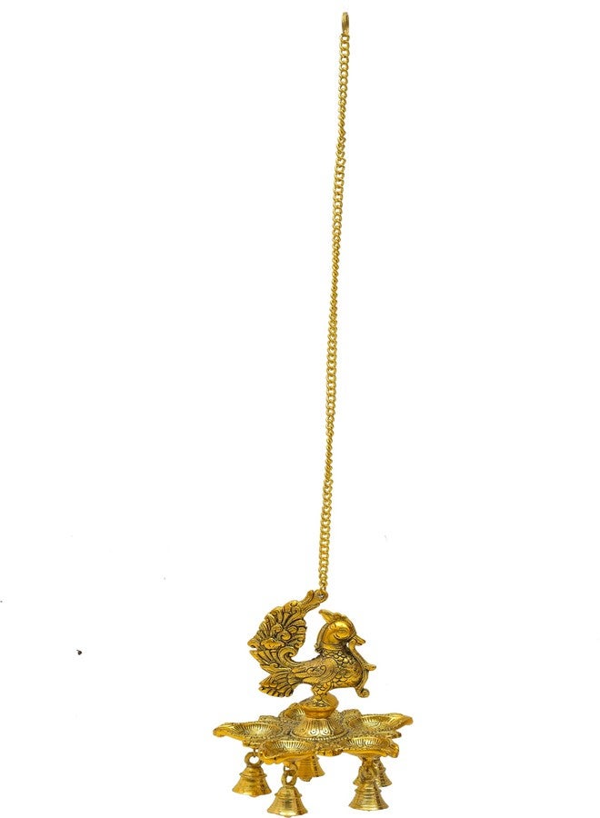 HOUZZPLUS Peacock Diya Lamp with Bells for Pooja Hanging Diya, Samai Hanging Oil Lamp, Panchmukhi Diya Peacock Design (Gold) - Image 4
