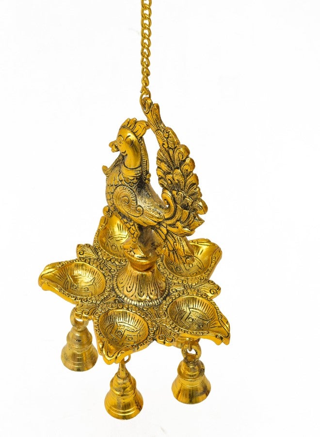 HOUZZPLUS Peacock Diya Lamp with Bells for Pooja Hanging Diya, Samai Hanging Oil Lamp, Panchmukhi Diya Peacock Design (Gold) - Image 3