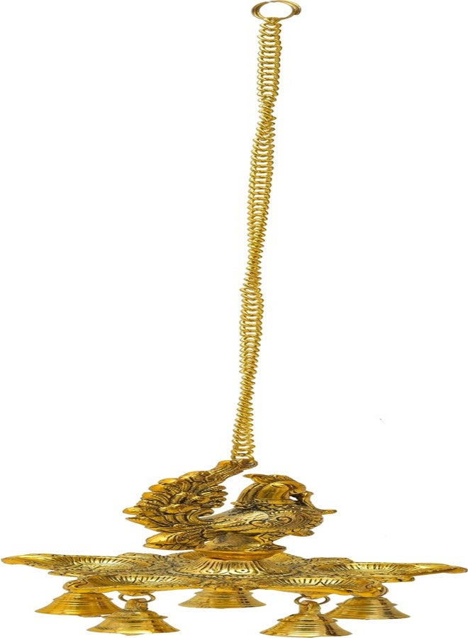 HOUZZPLUS Peacock Diya Lamp with Bells for Pooja Hanging Diya, Samai Hanging Oil Lamp, Panchmukhi Diya Peacock Design (Gold) - Image 5