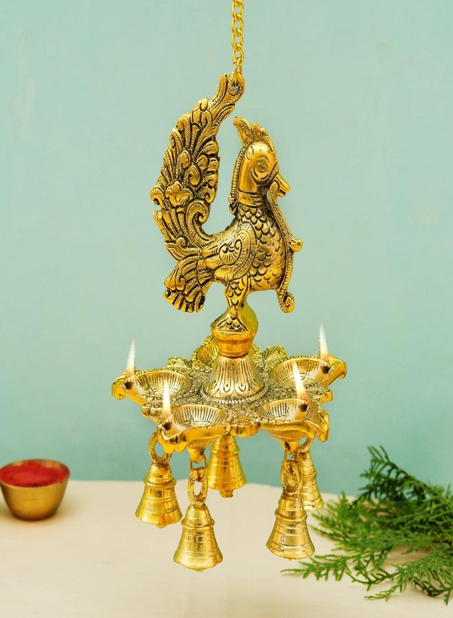 HOUZZPLUS Peacock Diya Lamp with Bells for Pooja Hanging Diya, Samai Hanging Oil Lamp, Panchmukhi Diya Peacock Design (Gold) - Image 1