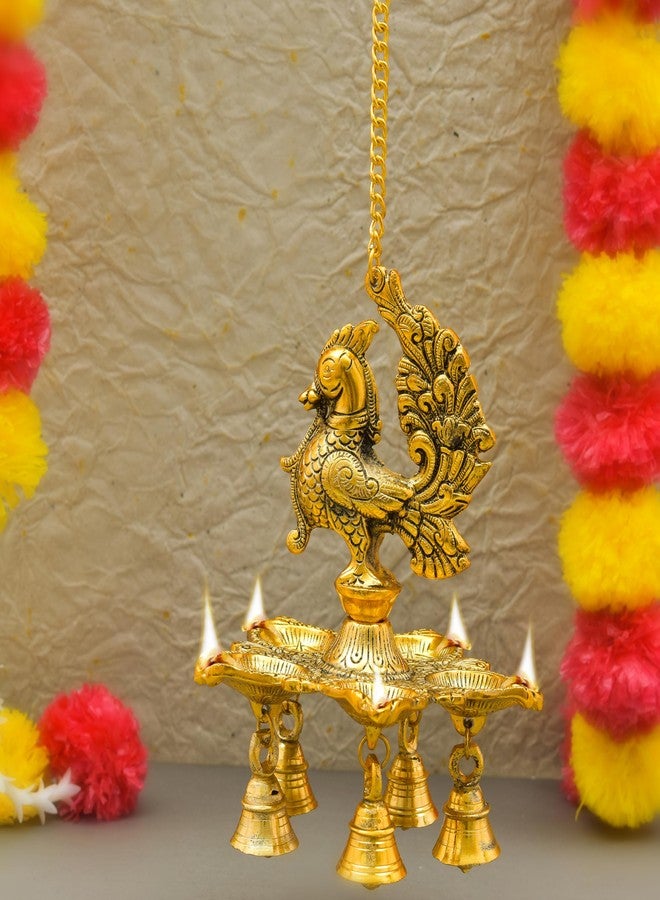 HOUZZPLUS Peacock Diya Lamp with Bells for Pooja Hanging Diya, Samai Hanging Oil Lamp, Panchmukhi Diya Peacock Design (Gold) - Image 2