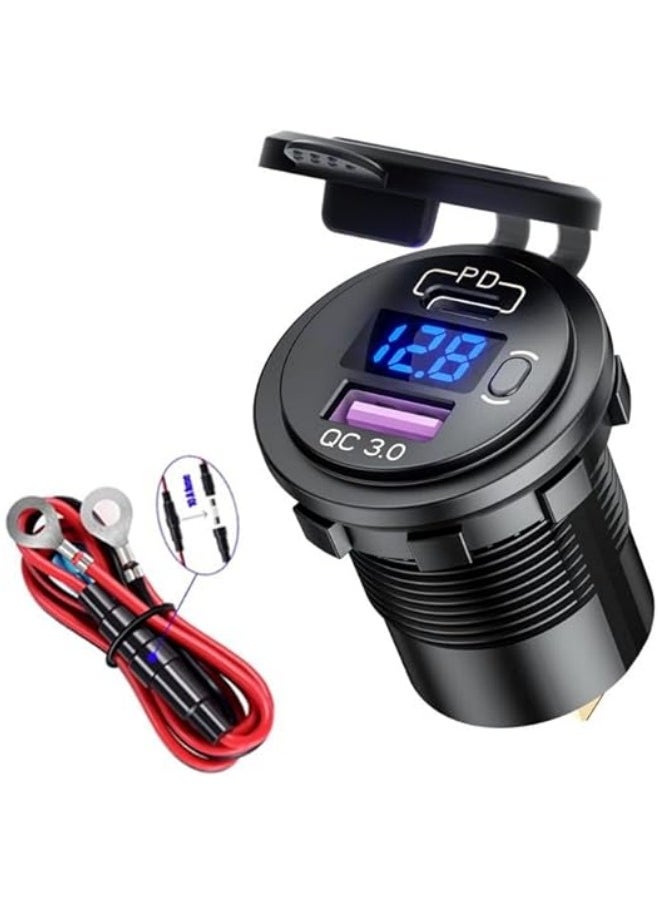 Generic - USB C Car Charger Socket, 12V 24V Dual USB Outlet Port Type C PD3.0 QC3.0, Car USB Port with LED Voltmeter and ON Off Switch, for All Vehicles Car Boat Marine Bus - Image 1