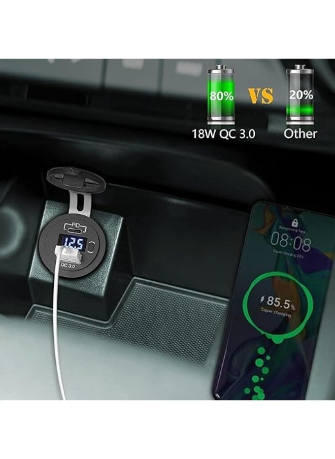 Generic - USB C Car Charger Socket, 12V 24V Dual USB Outlet Port Type C PD3.0 QC3.0, Car USB Port with LED Voltmeter and ON Off Switch, for All Vehicles Car Boat Marine Bus - Image 1